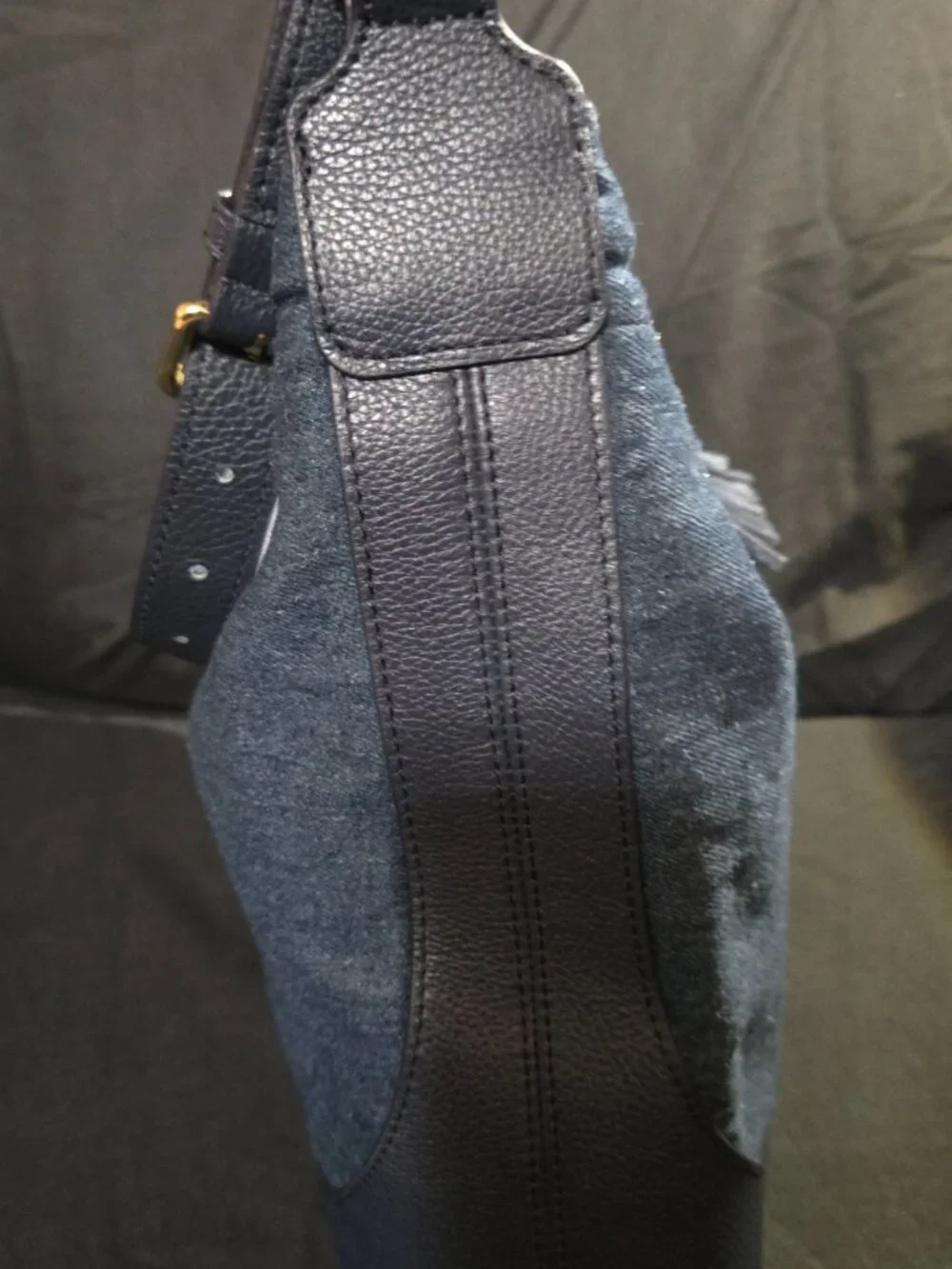 Talbots Denim Leather Hobo Shoulder Bag Tassel Navy Gold